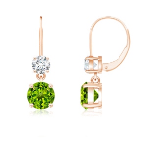 5mm AAAA Round Peridot Leverback Dangle Earrings with Diamond in Rose Gold
