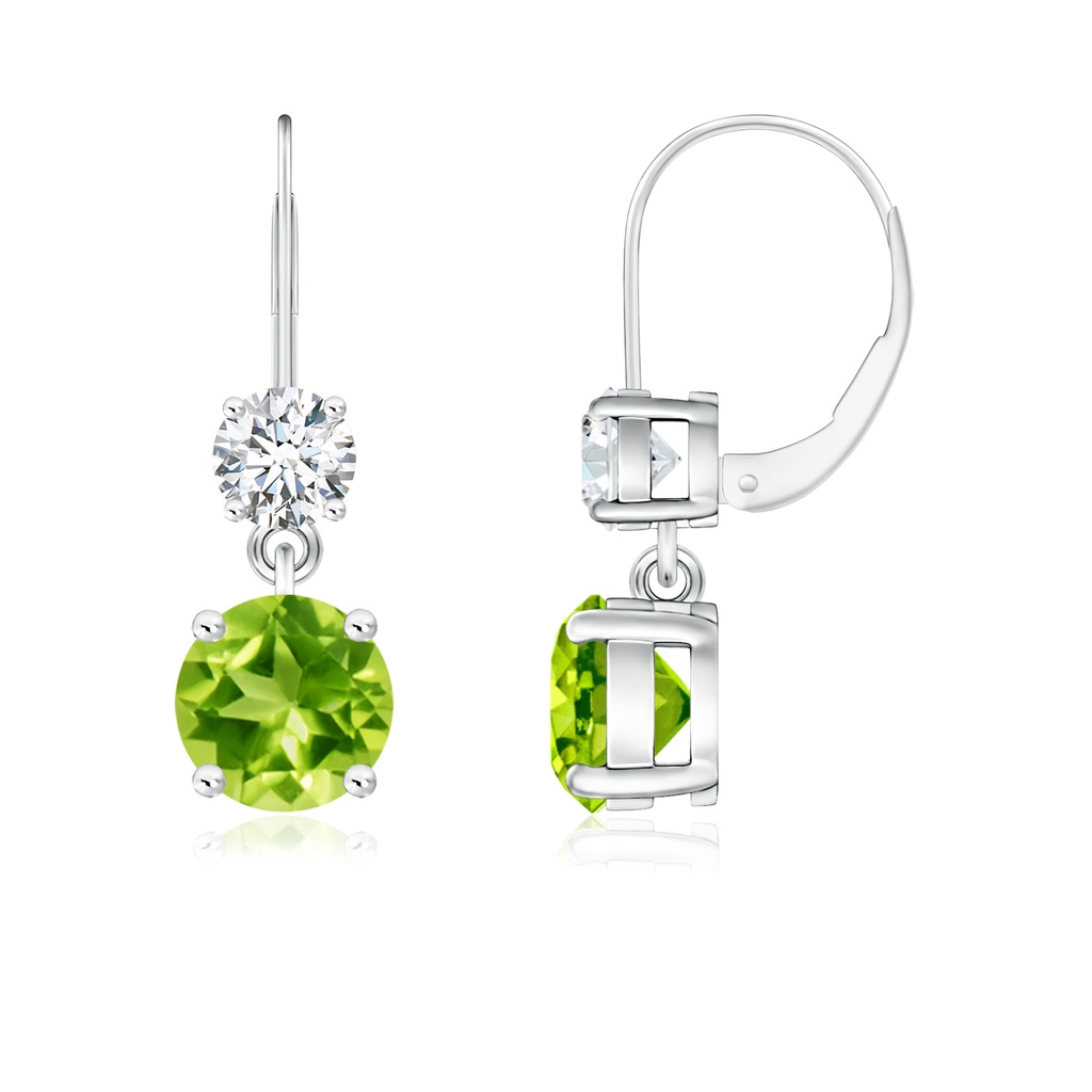 6mm AAA Round Peridot Leverback Dangle Earrings with Diamond in White Gold