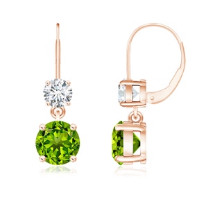 6mm AAAA Round Peridot Leverback Dangle Earrings with Diamond in Rose Gold