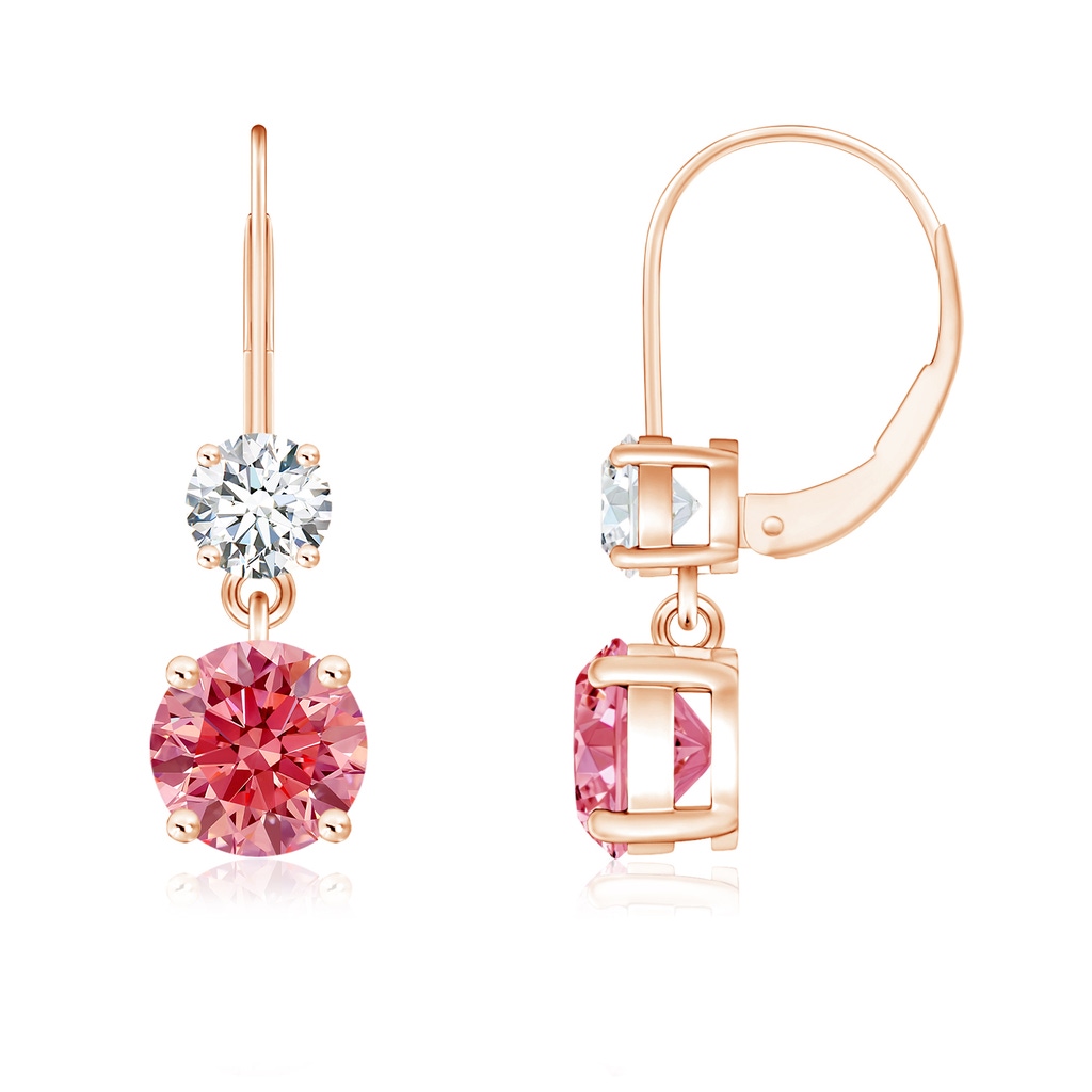 5mm AAAA Round Fancy Intense Pink Diamond Leverback Dangle Earrings in Rose Gold