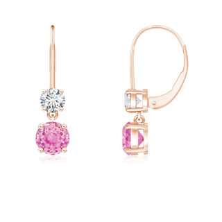 4mm A Round Pink Sapphire Leverback Dangle Earrings with Diamond in Rose Gold