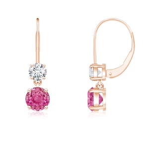 4mm AAA Round Pink Sapphire Leverback Dangle Earrings with Diamond in 10K Rose Gold