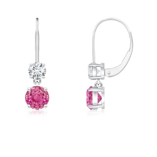4mm AAA Round Pink Sapphire Leverback Dangle Earrings with Diamond in White Gold