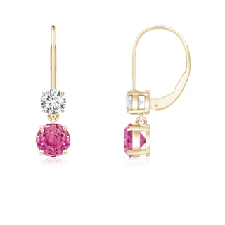 4mm AAA Round Pink Sapphire Leverback Dangle Earrings with Diamond in Yellow Gold