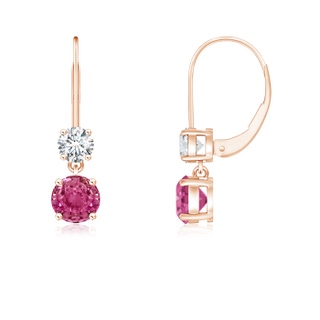 4mm AAAA Round Pink Sapphire Leverback Dangle Earrings with Diamond in 9K Rose Gold