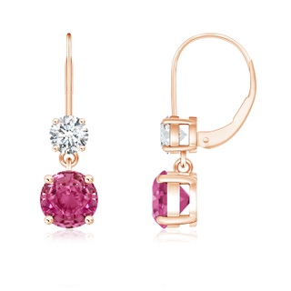 5mm AAAA Round Pink Sapphire Leverback Dangle Earrings with Diamond in Rose Gold