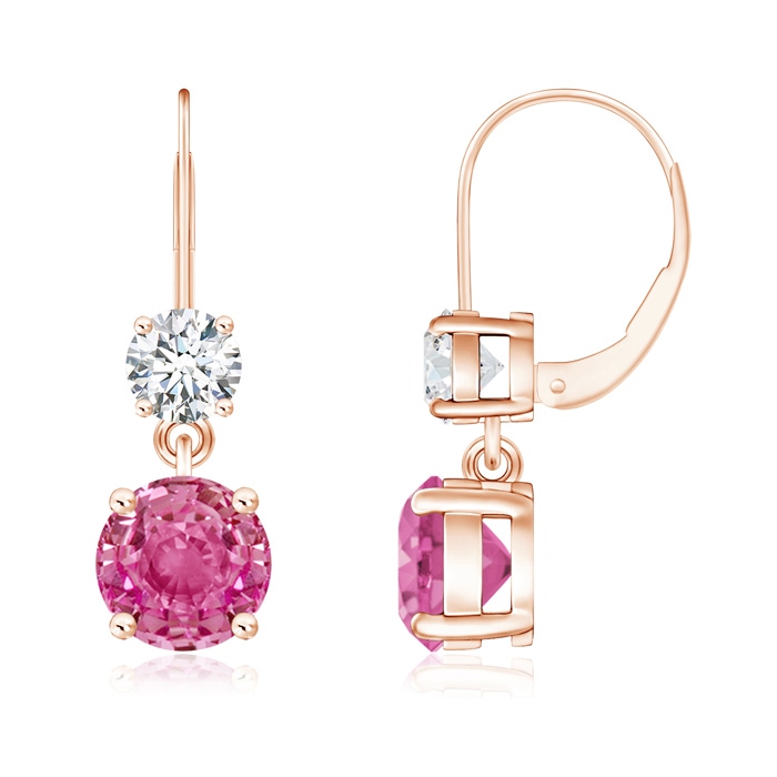 6mm AAA Round Pink Sapphire Leverback Dangle Earrings with Diamond in Rose Gold