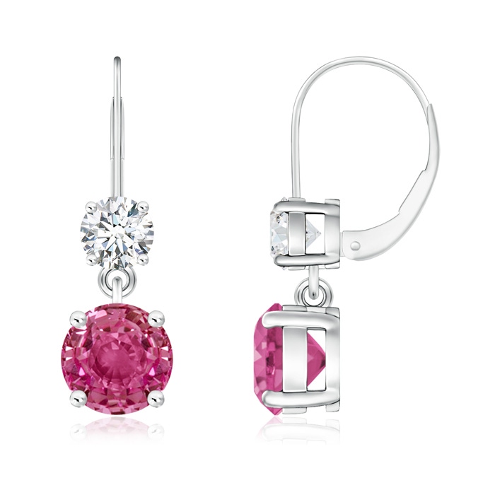 6mm AAAA Round Pink Sapphire Leverback Dangle Earrings with Diamond in White Gold