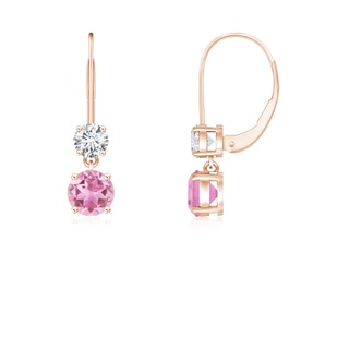 4mm AA Round Pink Tourmaline Leverback Dangle Earrings with Diamond in 10K Rose Gold