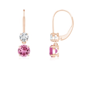 4mm AAA Round Pink Tourmaline Leverback Dangle Earrings with Diamond in Rose Gold