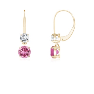 4mm AAA Round Pink Tourmaline Leverback Dangle Earrings with Diamond in Yellow Gold