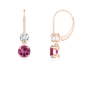 4mm AAAA Round Pink Tourmaline Leverback Dangle Earrings with Diamond in Rose Gold