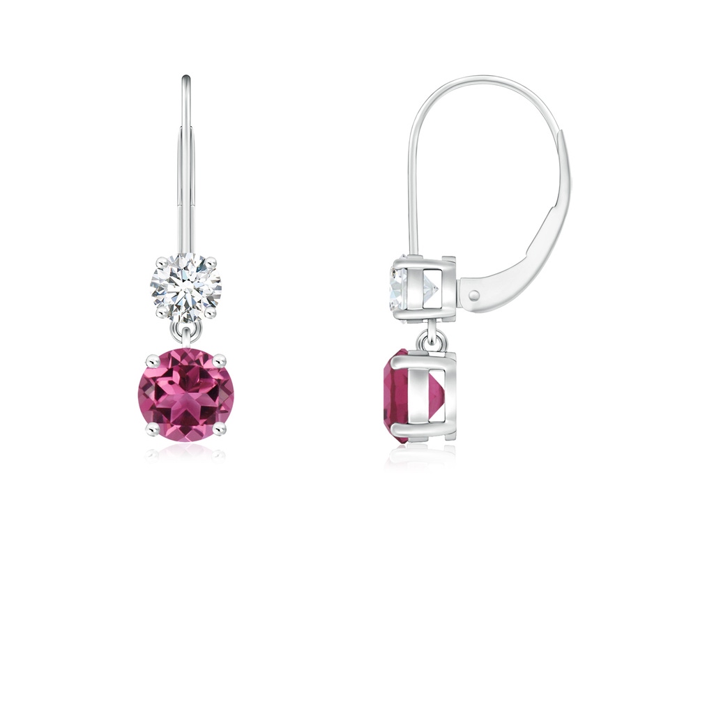 4mm AAAA Round Pink Tourmaline Leverback Dangle Earrings with Diamond in White Gold