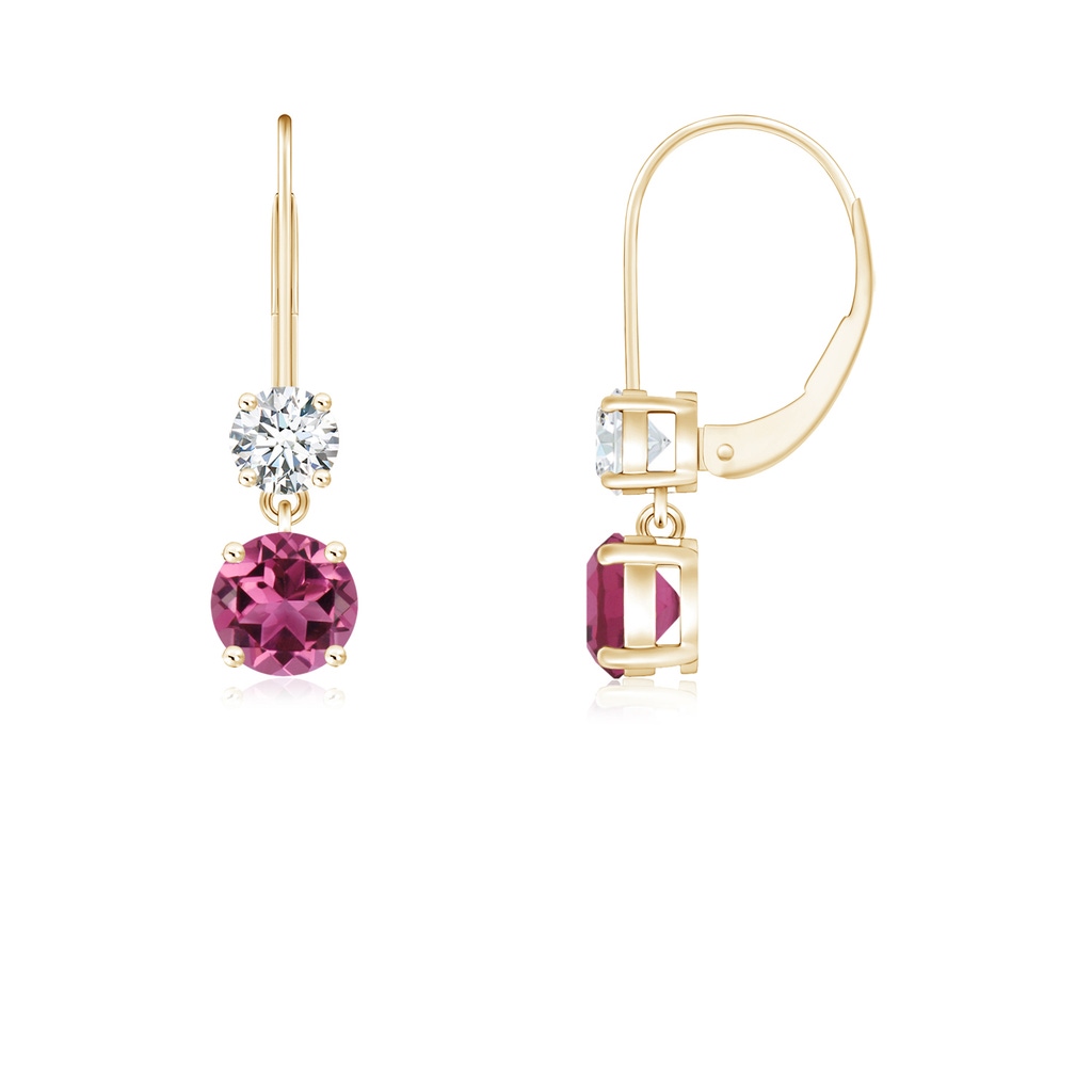 4mm AAAA Round Pink Tourmaline Leverback Dangle Earrings with Diamond in Yellow Gold