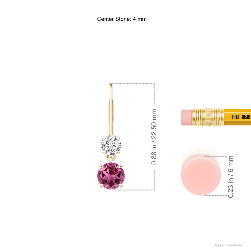 4mm AAAA Round Pink Tourmaline Leverback Dangle Earrings with Diamond in Yellow Gold Product Image
