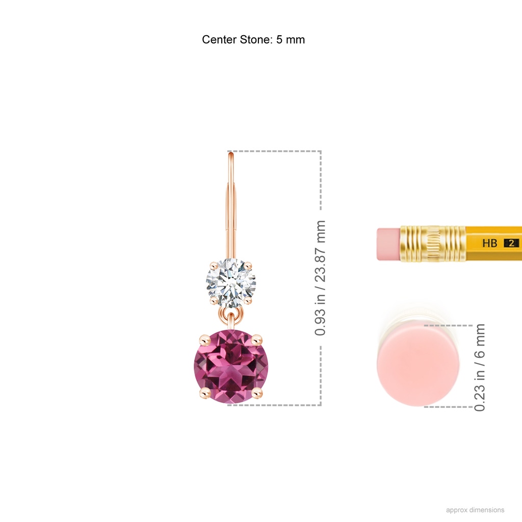 5mm AAAA Round Pink Tourmaline Leverback Dangle Earrings with Diamond in Rose Gold Product Image