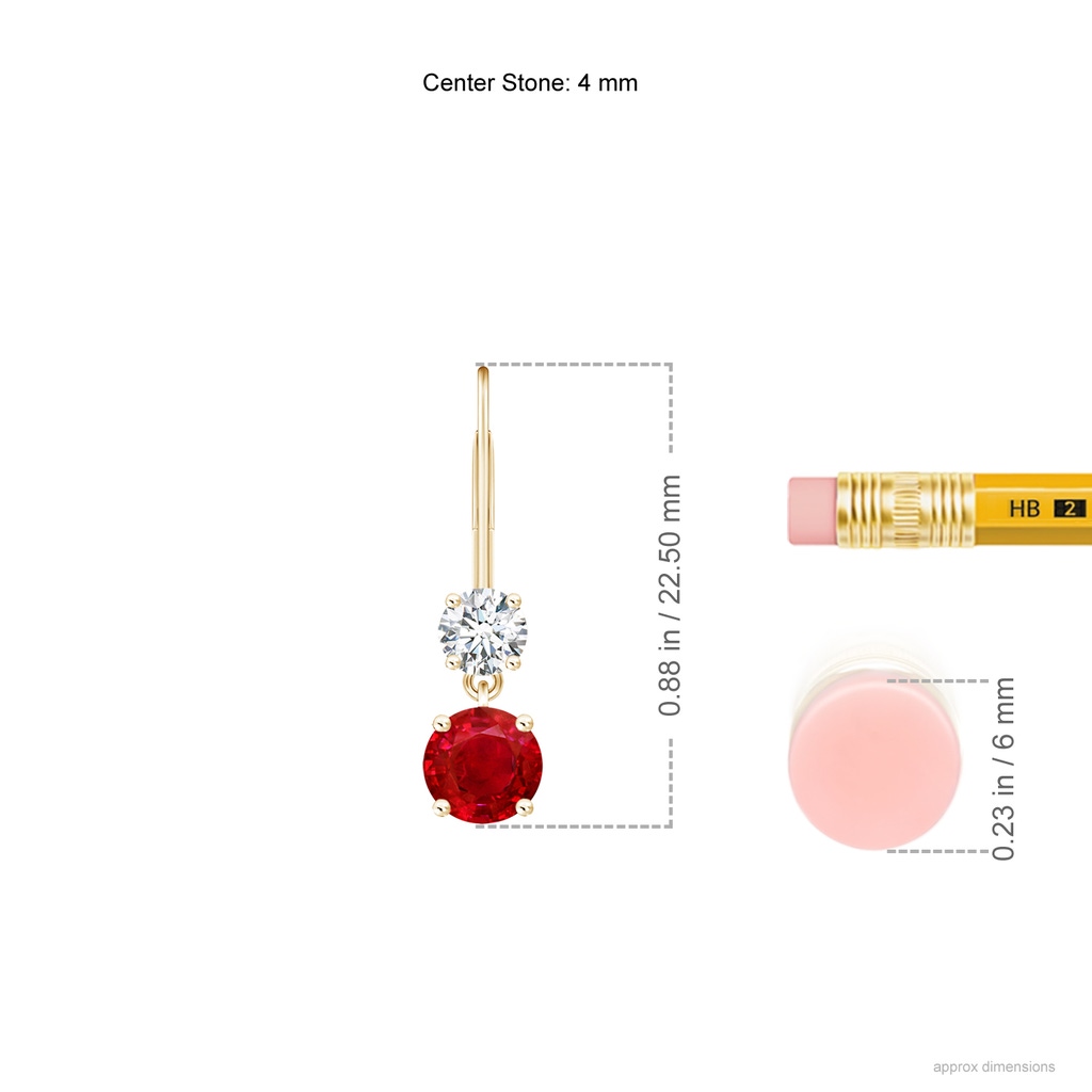 4mm AAA Round Ruby Leverback Dangle Earrings with Diamond in 10K Yellow Gold ruler