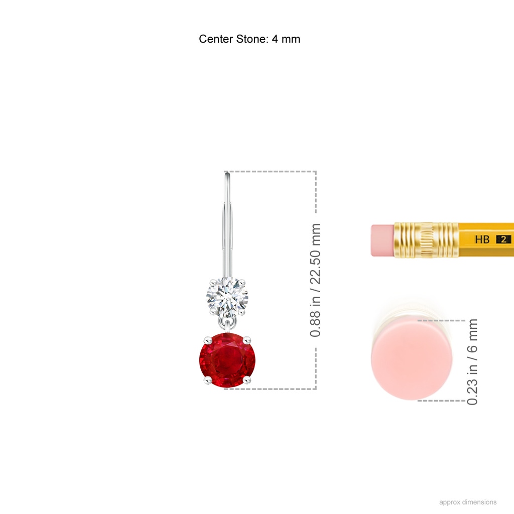 4mm AAA Round Ruby Leverback Dangle Earrings with Diamond in White Gold ruler
