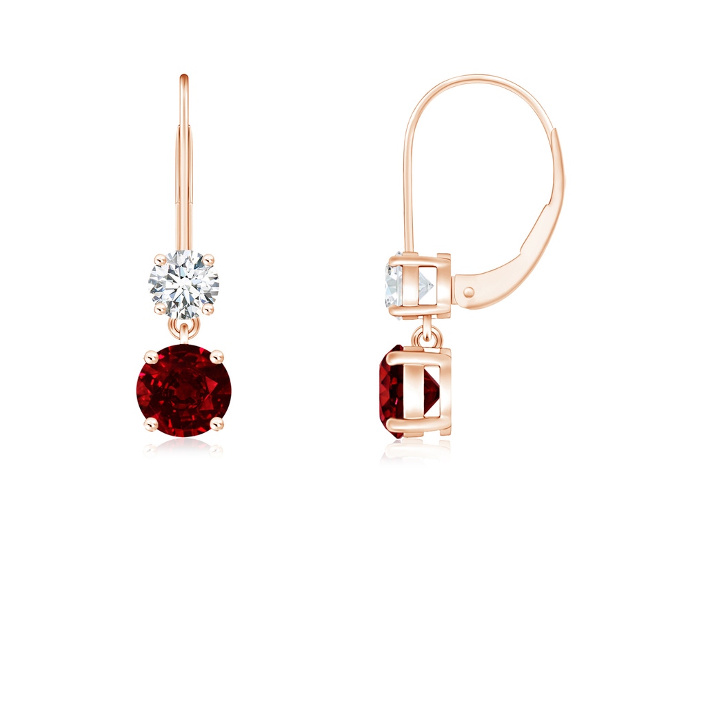 4mm AAAA Round Ruby Leverback Dangle Earrings with Diamond in Rose Gold