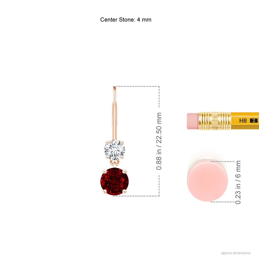 4mm AAAA Round Ruby Leverback Dangle Earrings with Diamond in Rose Gold ruler