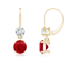 5mm AAA Round Ruby Leverback Dangle Earrings with Diamond in 9K Yellow Gold