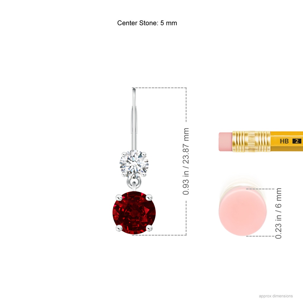 5mm AAAA Round Ruby Leverback Dangle Earrings with Diamond in P950 Platinum ruler