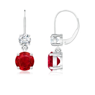 6mm AAA Round Ruby Leverback Dangle Earrings with Diamond in 9K White Gold