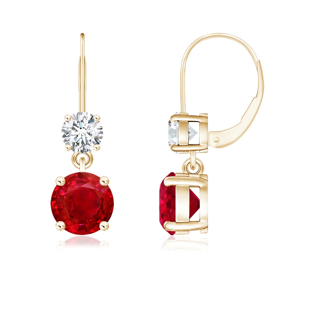 6mm AAA Round Ruby Leverback Dangle Earrings with Diamond in Yellow Gold