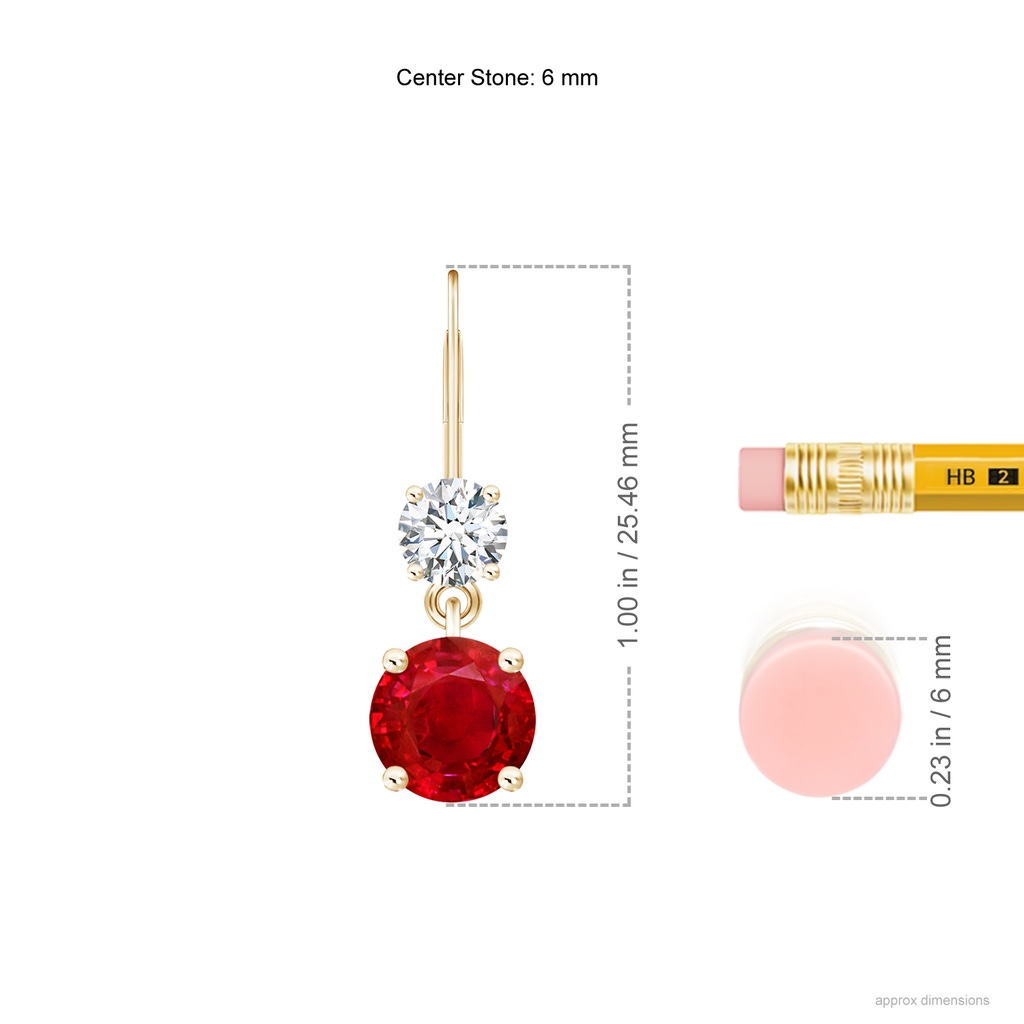 6mm AAA Round Ruby Leverback Dangle Earrings with Diamond in Yellow Gold ruler