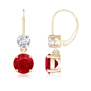 7mm AAA Round Ruby Leverback Dangle Earrings with Diamond in 9K Yellow Gold