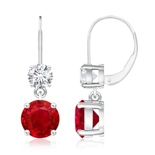 8mm AAA Round Ruby Leverback Dangle Earrings with Diamond in 10K White Gold