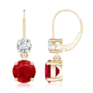 8mm AAA Round Ruby Leverback Dangle Earrings with Diamond in 9K Yellow Gold