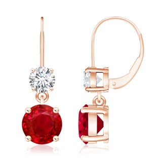 8mm AAA Round Ruby Leverback Dangle Earrings with Diamond in Rose Gold