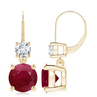 9mm A Round Ruby Leverback Dangle Earrings with Diamond in 9K Yellow Gold
