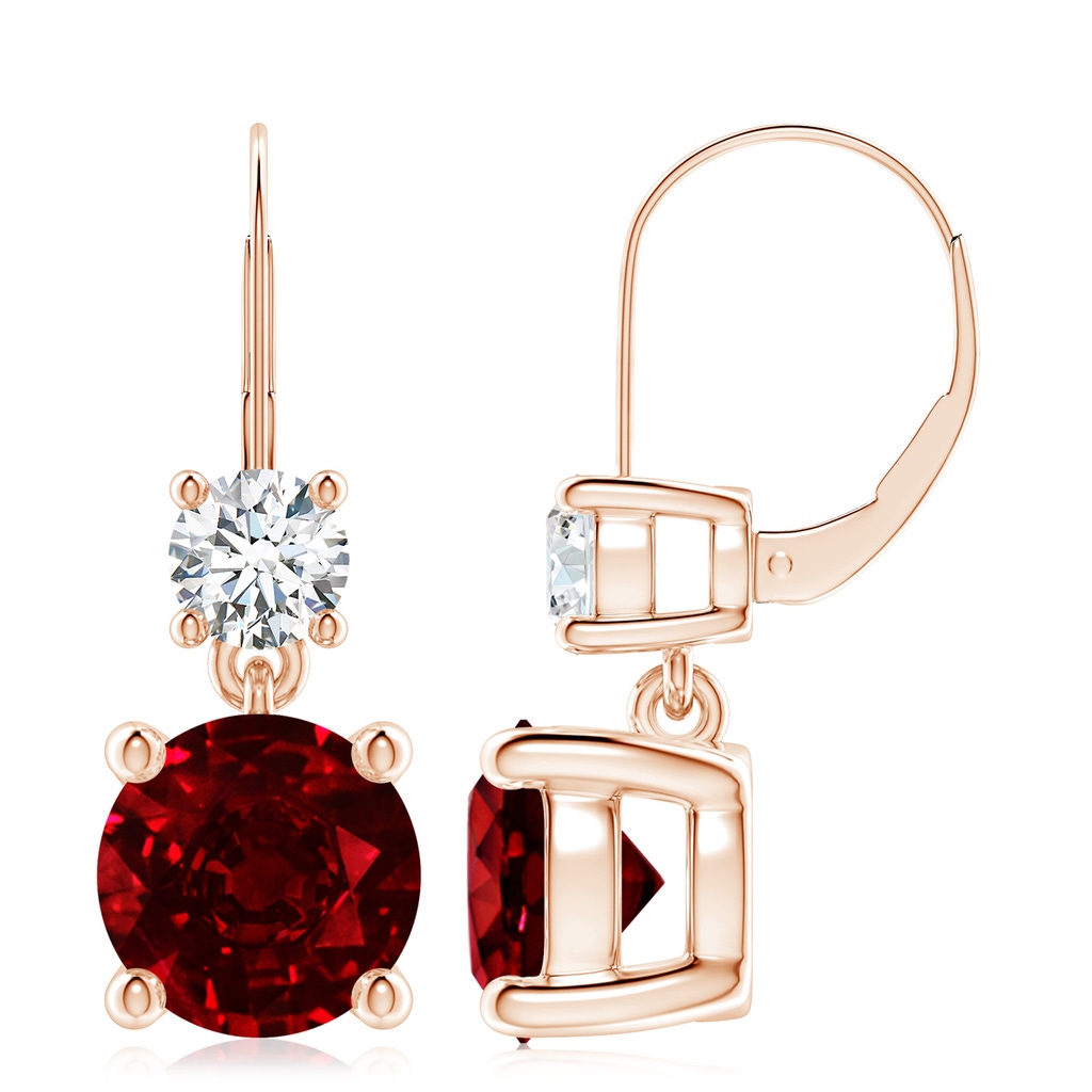9mm AAAA Round Ruby Leverback Dangle Earrings with Diamond in 10K Rose Gold