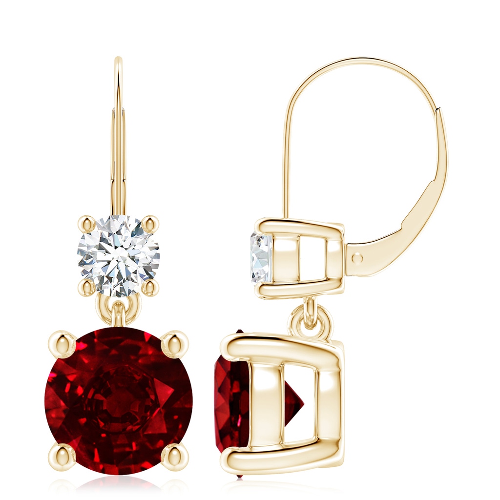 9mm AAAA Round Ruby Leverback Dangle Earrings with Diamond in 9K Yellow Gold