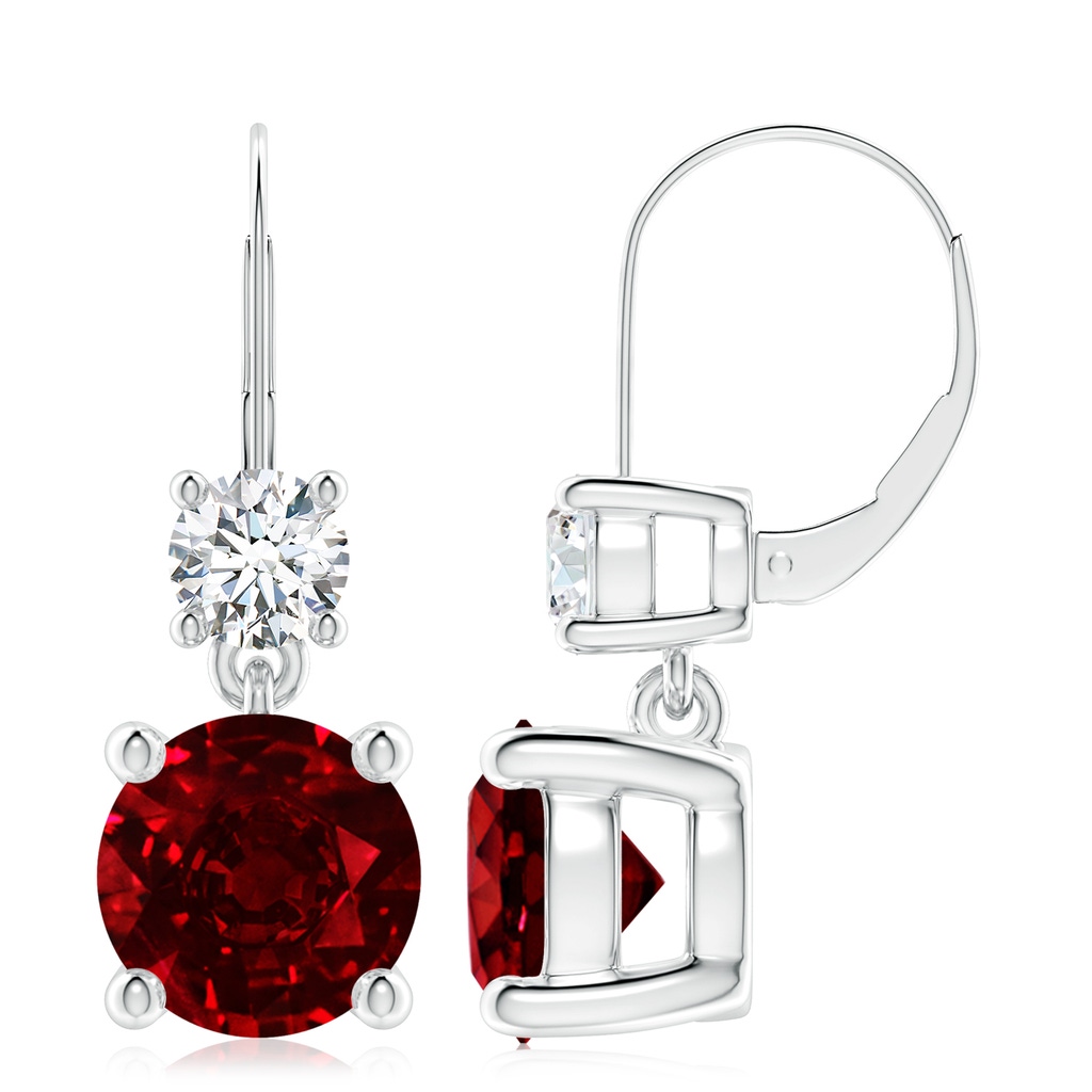 9mm AAAA Round Ruby Leverback Dangle Earrings with Diamond in P950 Platinum
