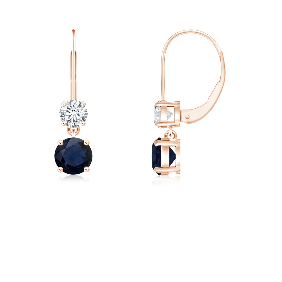 4mm A Round Blue Sapphire Leverback Dangle Earrings with Diamond in Rose Gold 