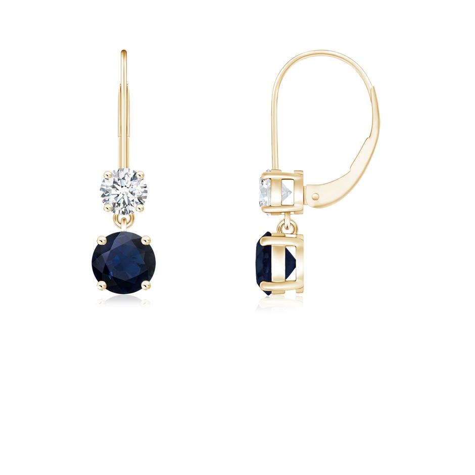 4mm A Round Blue Sapphire Leverback Dangle Earrings with Diamond in Yellow Gold 
