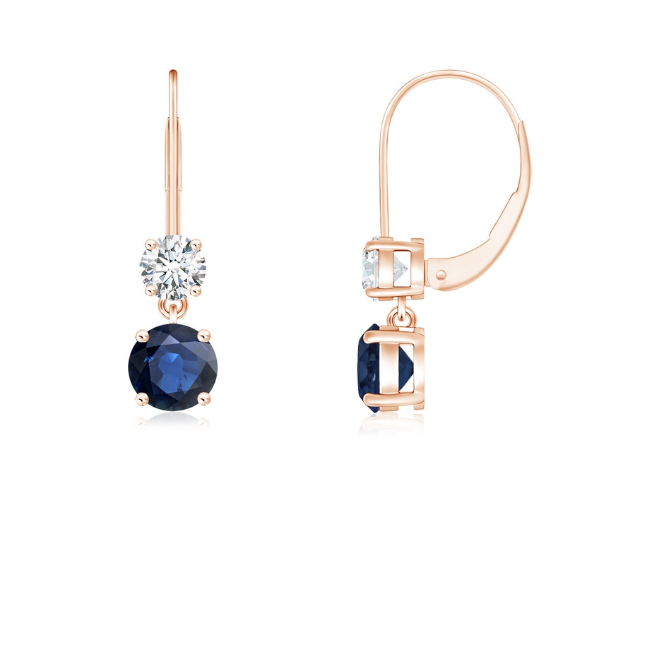 4mm AA Round Blue Sapphire Leverback Dangle Earrings with Diamond in Rose Gold 