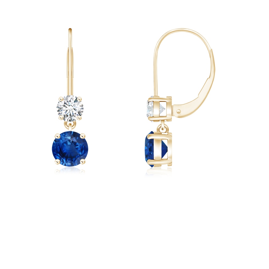 4mm AAA Round Blue Sapphire Leverback Dangle Earrings with Diamond in Yellow Gold 