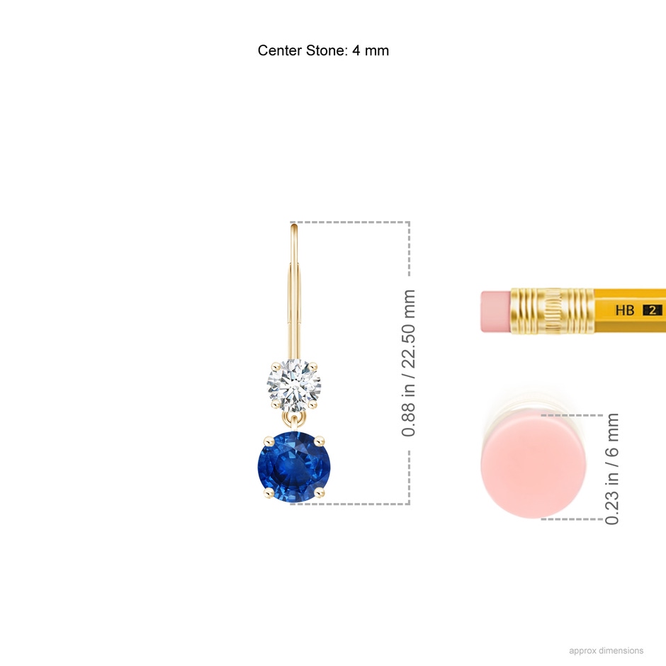 4mm AAA Round Blue Sapphire Leverback Dangle Earrings with Diamond in Yellow Gold ruler