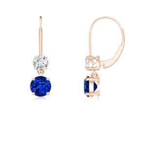 4mm AAAA Round Blue Sapphire Leverback Dangle Earrings with Diamond in Rose Gold