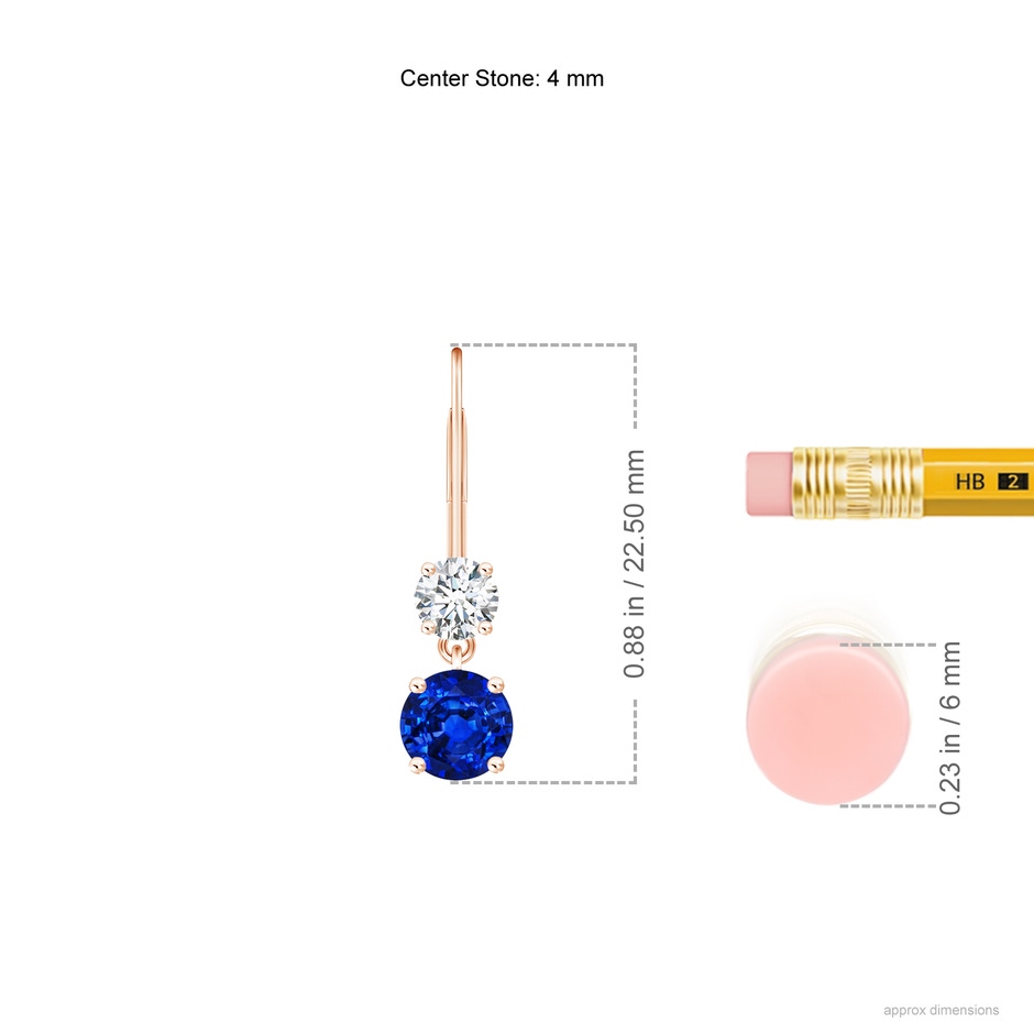 4mm Lab-Grown Round Blue Sapphire Leverback Dangle Earrings with Diamond in Rose Gold ruler