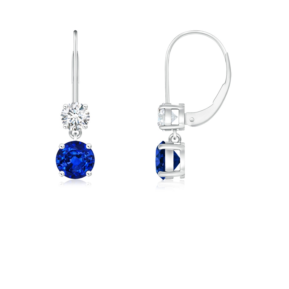 4mm AAAA Round Blue Sapphire Leverback Dangle Earrings with Diamond in White Gold 
