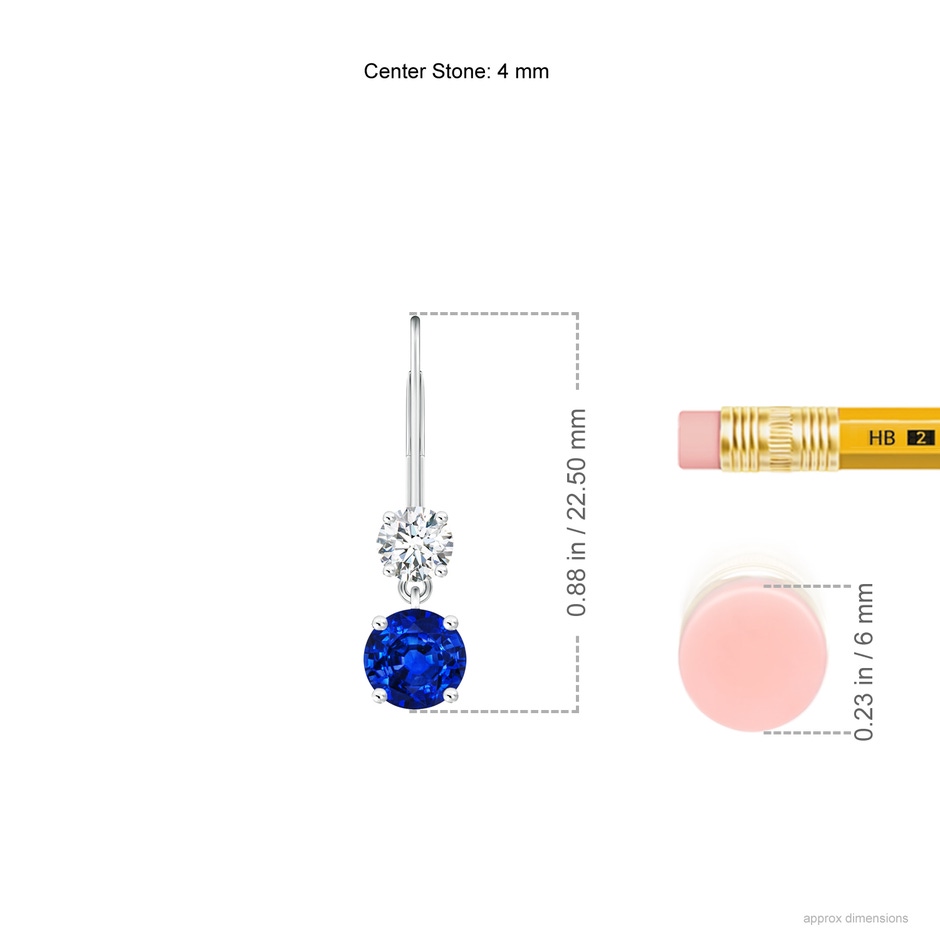 4mm AAAA Round Blue Sapphire Leverback Dangle Earrings with Diamond in White Gold ruler
