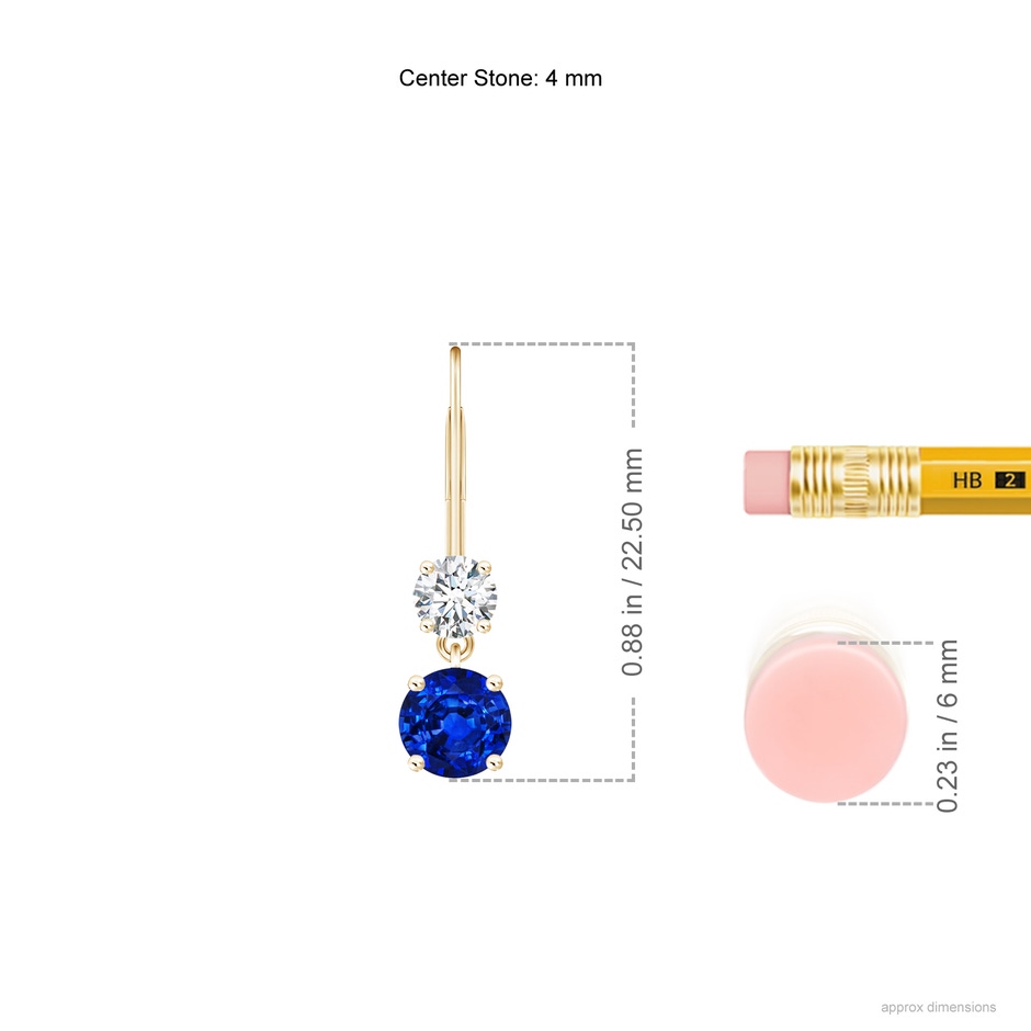 4mm AAAA Round Blue Sapphire Leverback Dangle Earrings with Diamond in Yellow Gold ruler