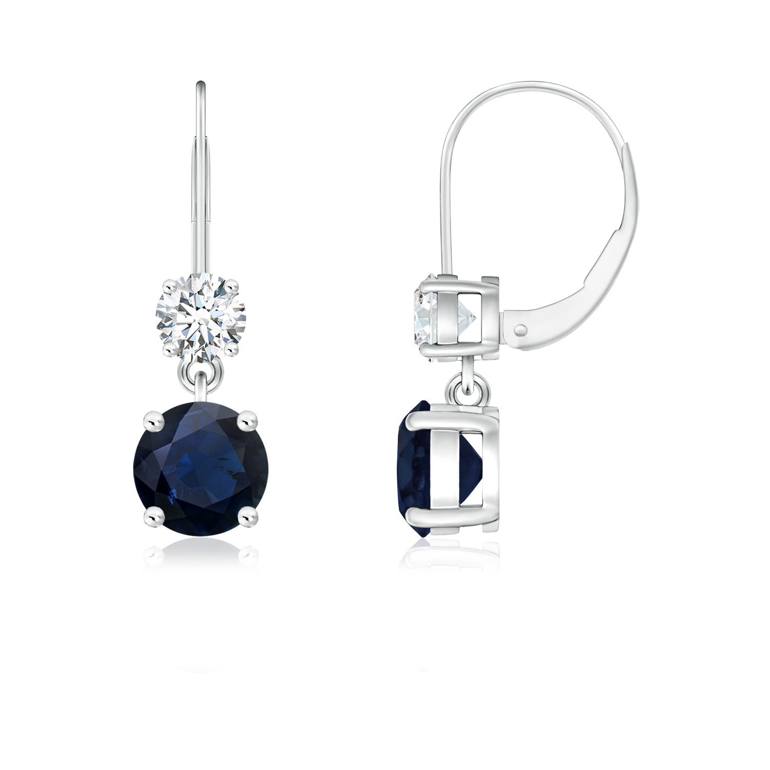 5mm A Round Blue Sapphire Leverback Dangle Earrings with Diamond in P950 Platinum