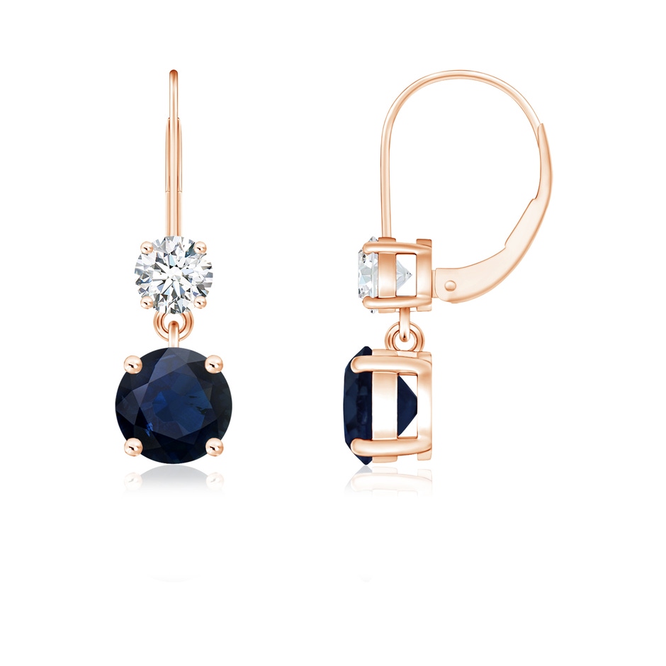 5mm A Round Blue Sapphire Leverback Dangle Earrings with Diamond in Rose Gold 