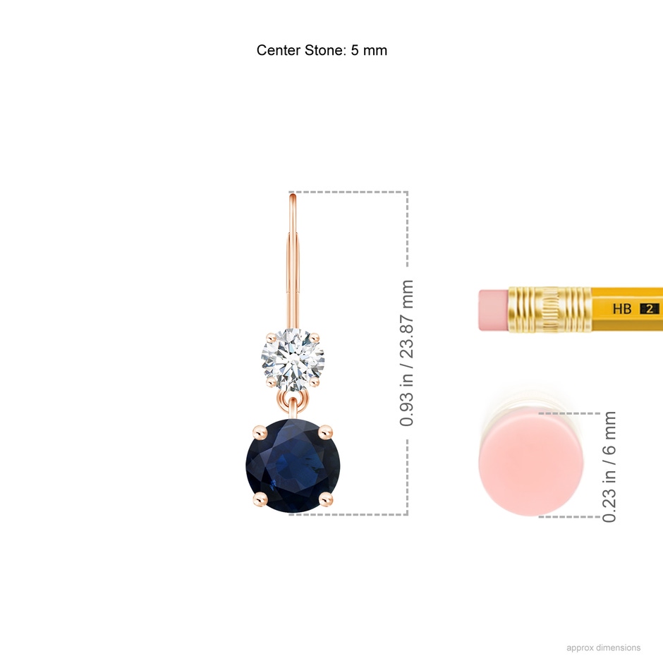 5mm A Round Blue Sapphire Leverback Dangle Earrings with Diamond in Rose Gold ruler